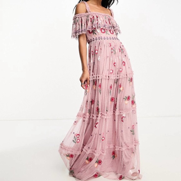 NWT Maya Deluxe Floral Embroidered Off Shoulder Ruffle Maxi Gown Dress Pink 2 - Picture 10 of 15